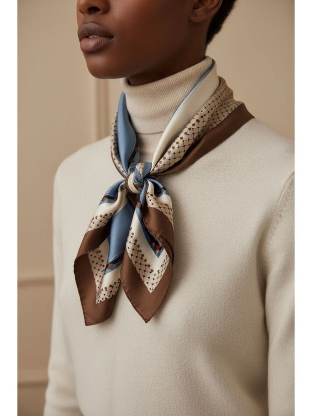Luxe European Style Scarf In Blue Beige & Chocolate Brown